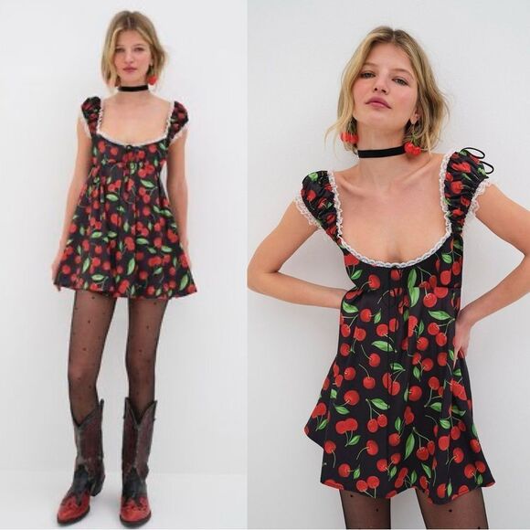 For Love And Lemons Xena Mini Cherry Dress Black Size S - Picture 1 of 10